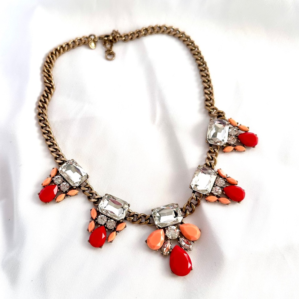 J. CREW Red & Orange Brass Statement Necklace with Crystal Accents - Picture 9 of 9
